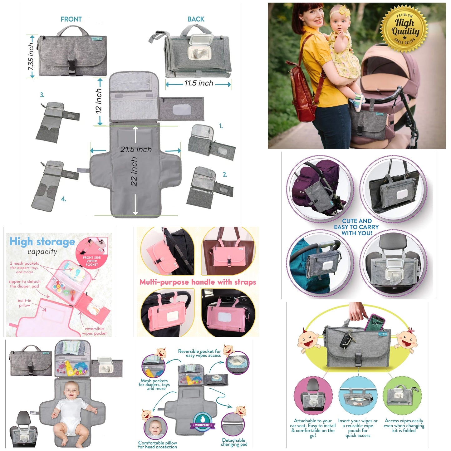Portable Diaper Changing Pad, Portable Changing pad for Newborn Girl & Boy - Baby Changing Pad with Smart Wipes Pocket – Waterproof Travel Changing Kit - Baby Gift by Kopi Baby -