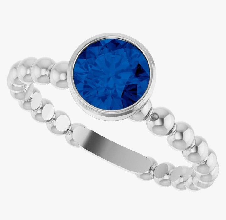 COCOMONEY 14k White Gold Bezel-Set Blue Sapphire Family Stackable Beaded Fashion Ring Fine Jewelry For Women Gifts For Her, Size 7