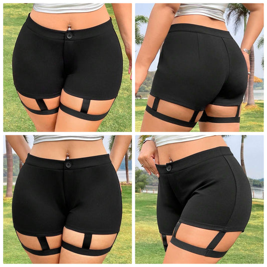 Plus Size Women's Black Hollow-Out Fashion Shorts COCOMONEY
