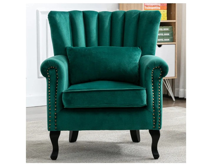 Mid Century Modern Accent Chair Upholstered Armchair Comfy Velvet Fabric Single Sofa with Lined Wingback for Small Spaces Bedroom Living Room, Velvet Black, 30.1D x 30.5W x 35H in