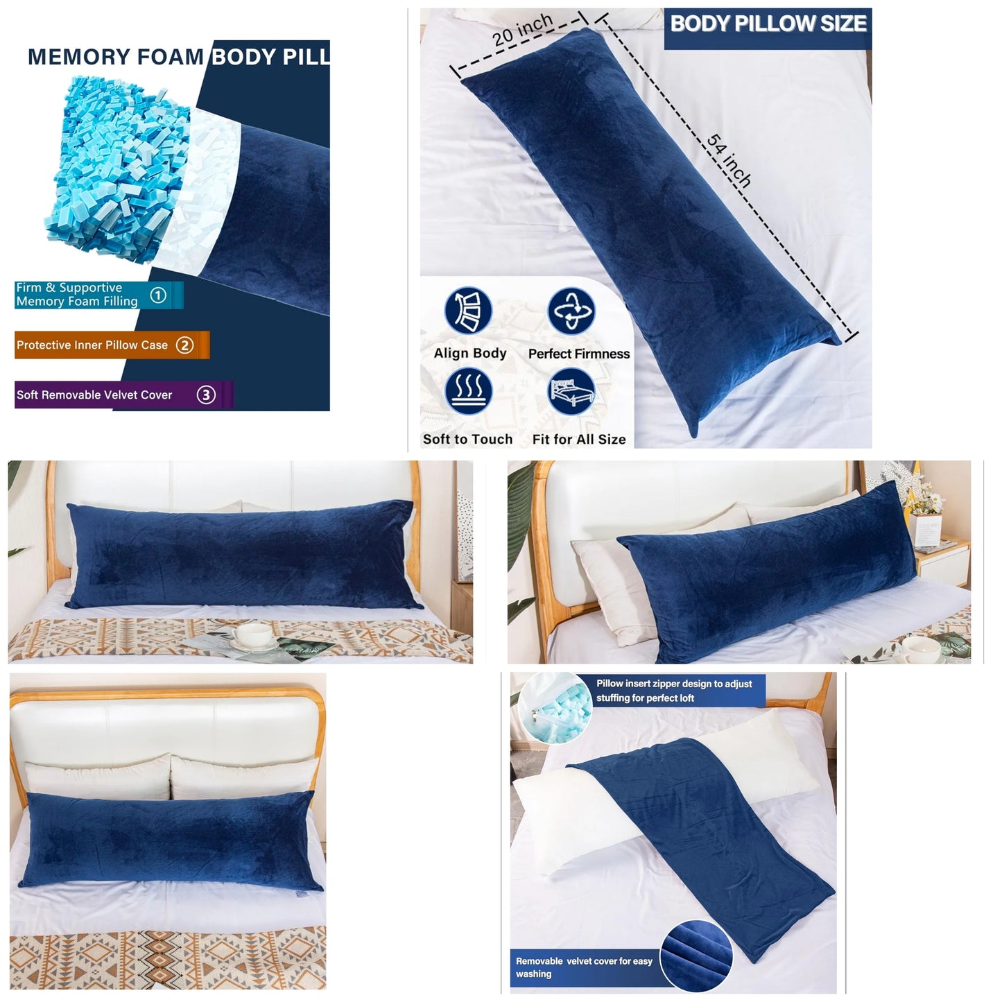 Body Pillow, Cooling Memory Foam Body Pillows for Adults Sleeping, Long Pillow for Bed, Big Large Firm Full Body Pillow for Side Sleeper, 20x54 Inch