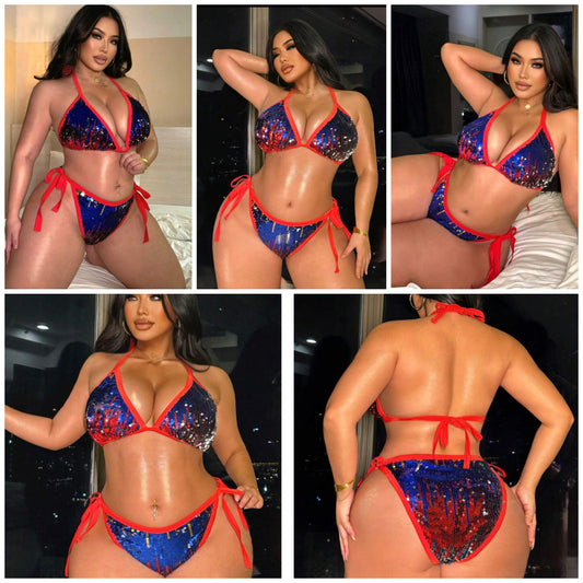 Plus Size Women Sexy Gradient Sequin Embroidered USA Flag Casual Vacation Swimwear Set COCOMONEY