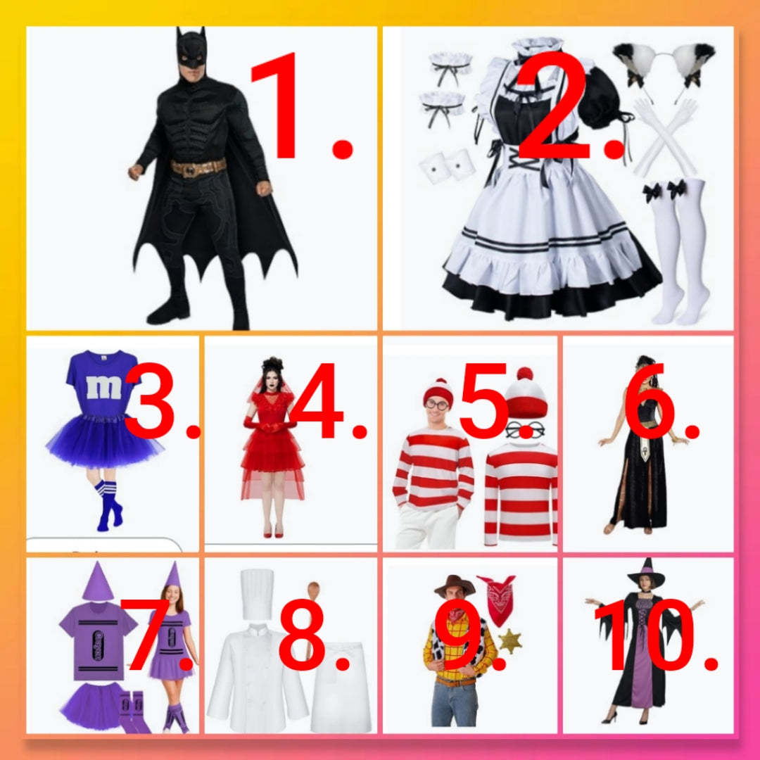Adult Halloween costume comes with accessories show in its photo choose number by the costume you want