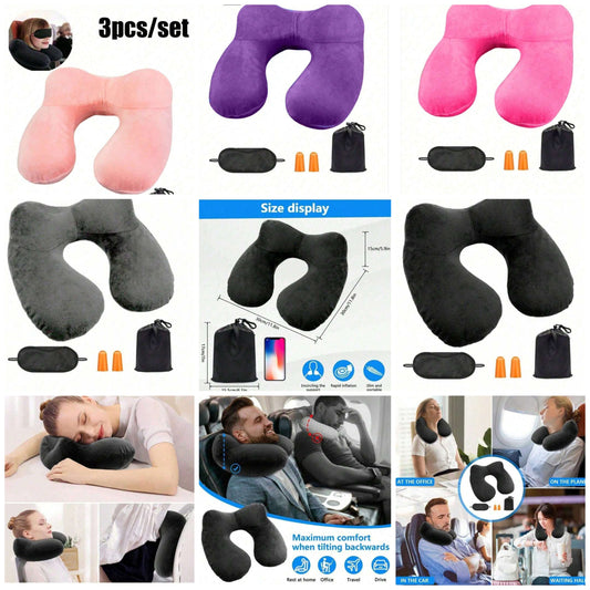 4pcs/Set Eye Mask, Earplugs, Anti-Noise And Anti-Brightness Neck Pillow Travel Pillow Inflatable Compact Neck Pillow Ergonomic Headrest With Velvety Soft Washable Cover For Camping, Travel, Plane, Train, Car, Office(Earplugs Color Random) Sleep Mask