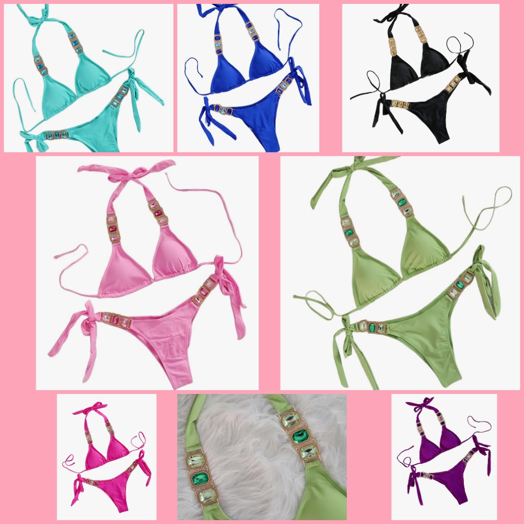 Women's Two Piece Swimsuit Rhinestone Bikini Set Halter Triangle Bathing Suit Cocomoney