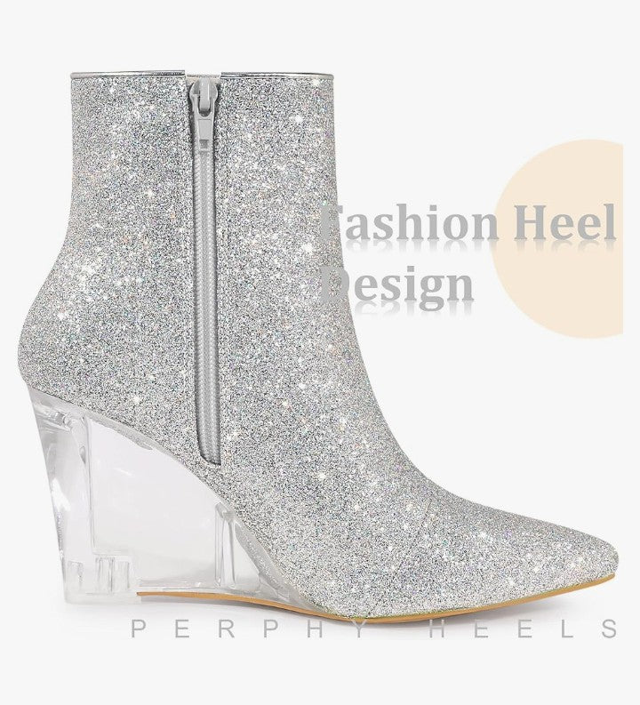 Clear Heels Boots Sequin Pointed Toe Glitter Wedge Heels Ankle Boots for Women