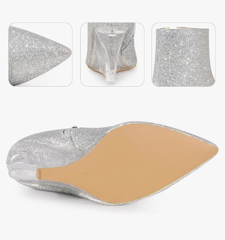 Clear Heels Boots Sequin Pointed Toe Glitter Wedge Heels Ankle Boots for Women