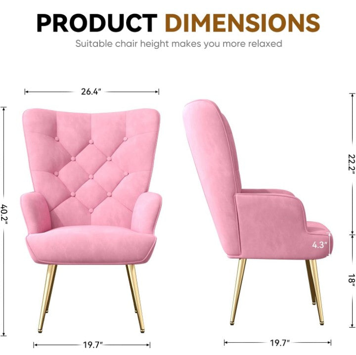 Mid Century Modern Accent Chair, Velvet Upholstered Armchair with Metal Legs, Tufted Button Wingback Side Chair, High Back Reading Chair for Living Room Bedroom