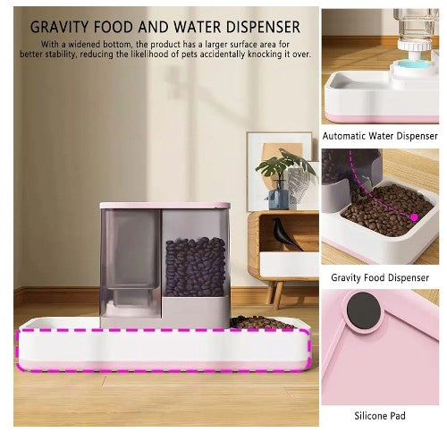 Food and Water Dispenser Automatic Dog Feeder Waterer 2 in 1 Auto Pet Food and Water Bowl Set Self Feeding for Puppy Kitten,