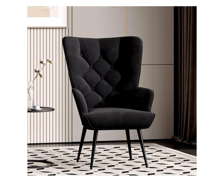 Mid Century Modern Accent Chair, Velvet Upholstered Armchair with Metal Legs, Tufted Button Wingback Side Chair, High Back Reading Chair for Living Room Bedroom