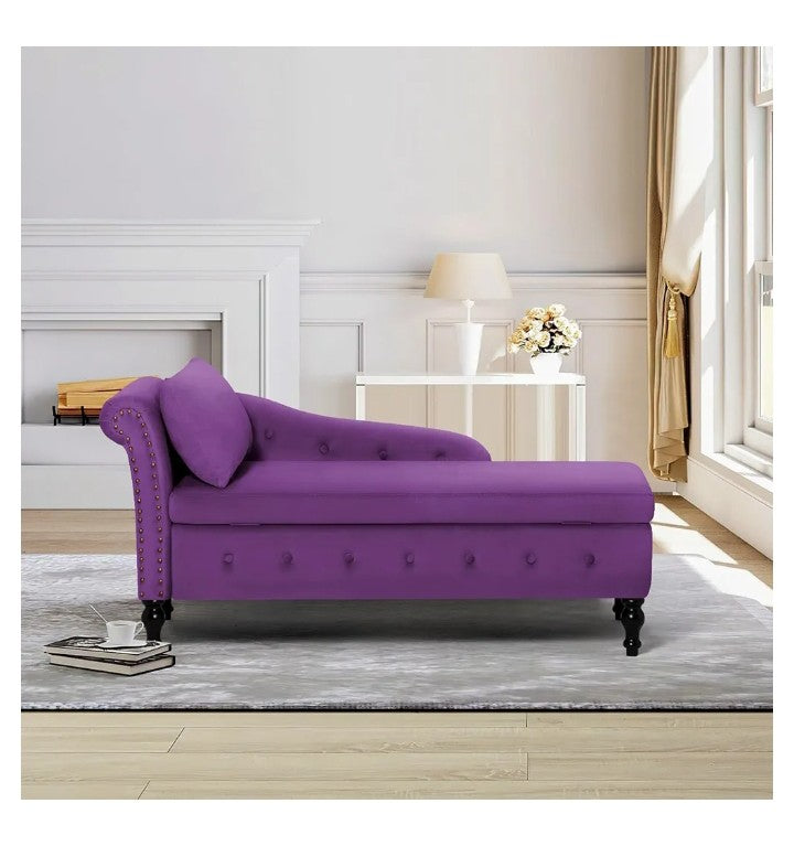 Upholstered Velvet Chaise Lounge with Left Armrest & Storage Space,Button Tufted Lounge Chair w/Lumbar Pillow,Modern Lounge Chair for Bedroom, Living Room and Office