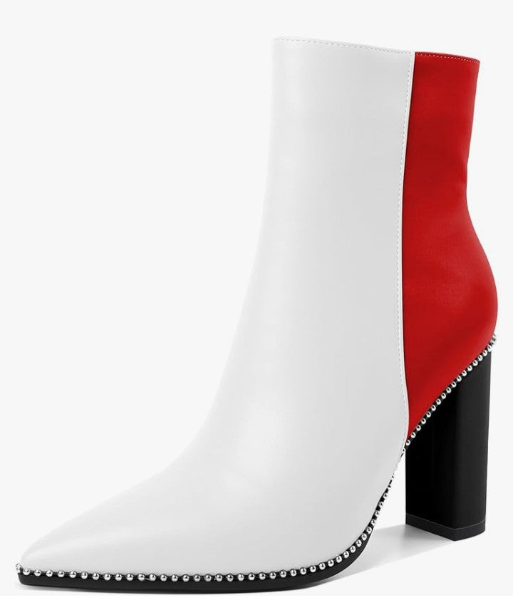 Womens Pointed Toe Beaded Chunky Ankle Boots Side Zipper 3.5 Inches