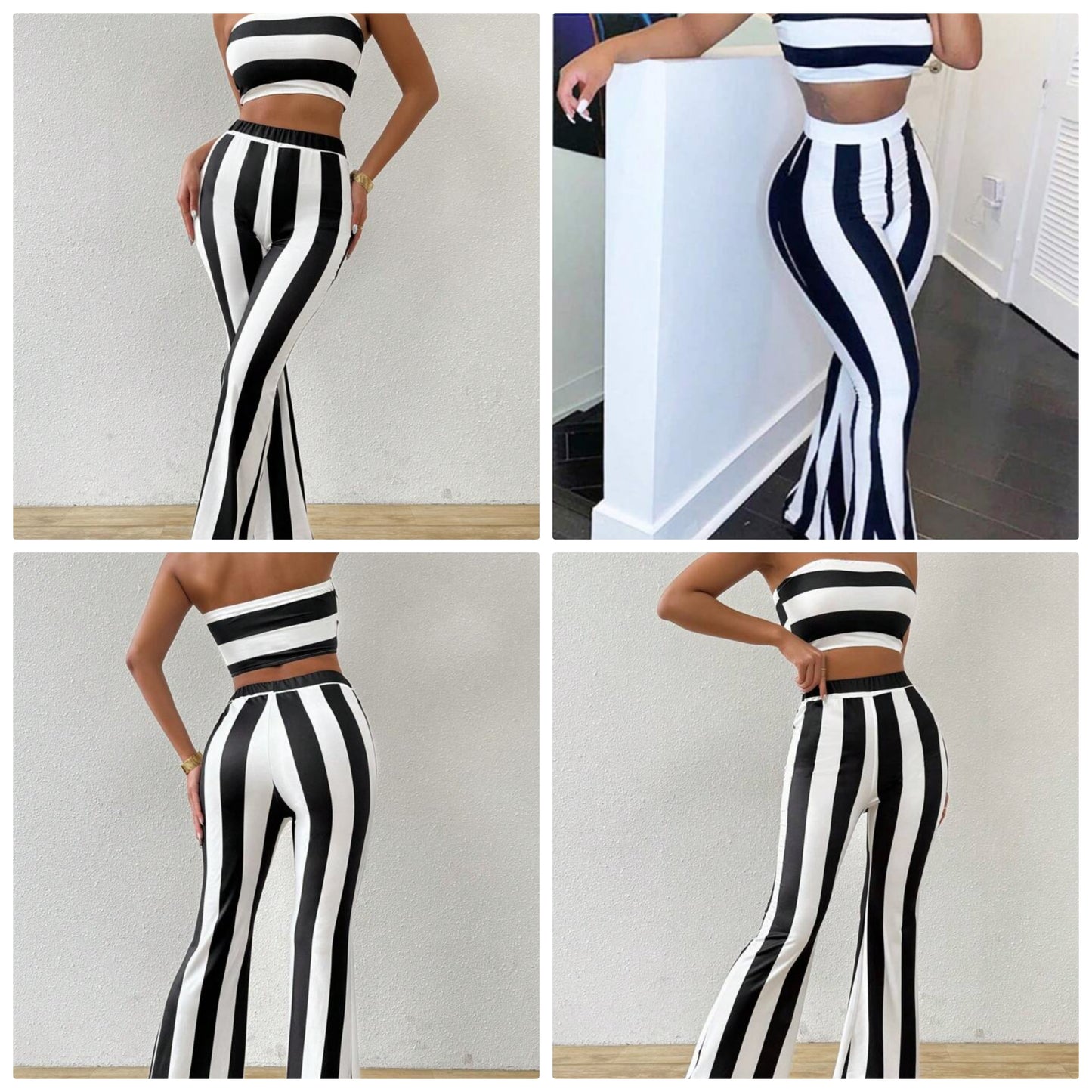 Striped Summer Casual Color Block Sleeveless Crop Top And Bell Bottoms Two-Piece Set COCOMONEY
