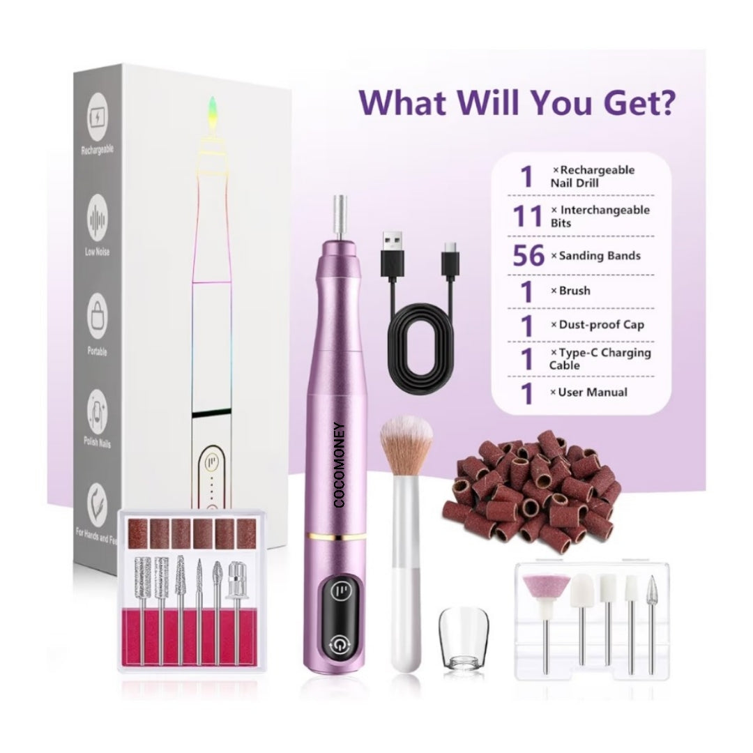 Nail Drill Cordless Electric Nail File Kit Rechargeable Professional Efile Nail Set, Portable Acrylic Gel Nail Polish Remover Machine Pedicure Manicure Tool, 11 Bits 56 Sanding Bands Salon Home