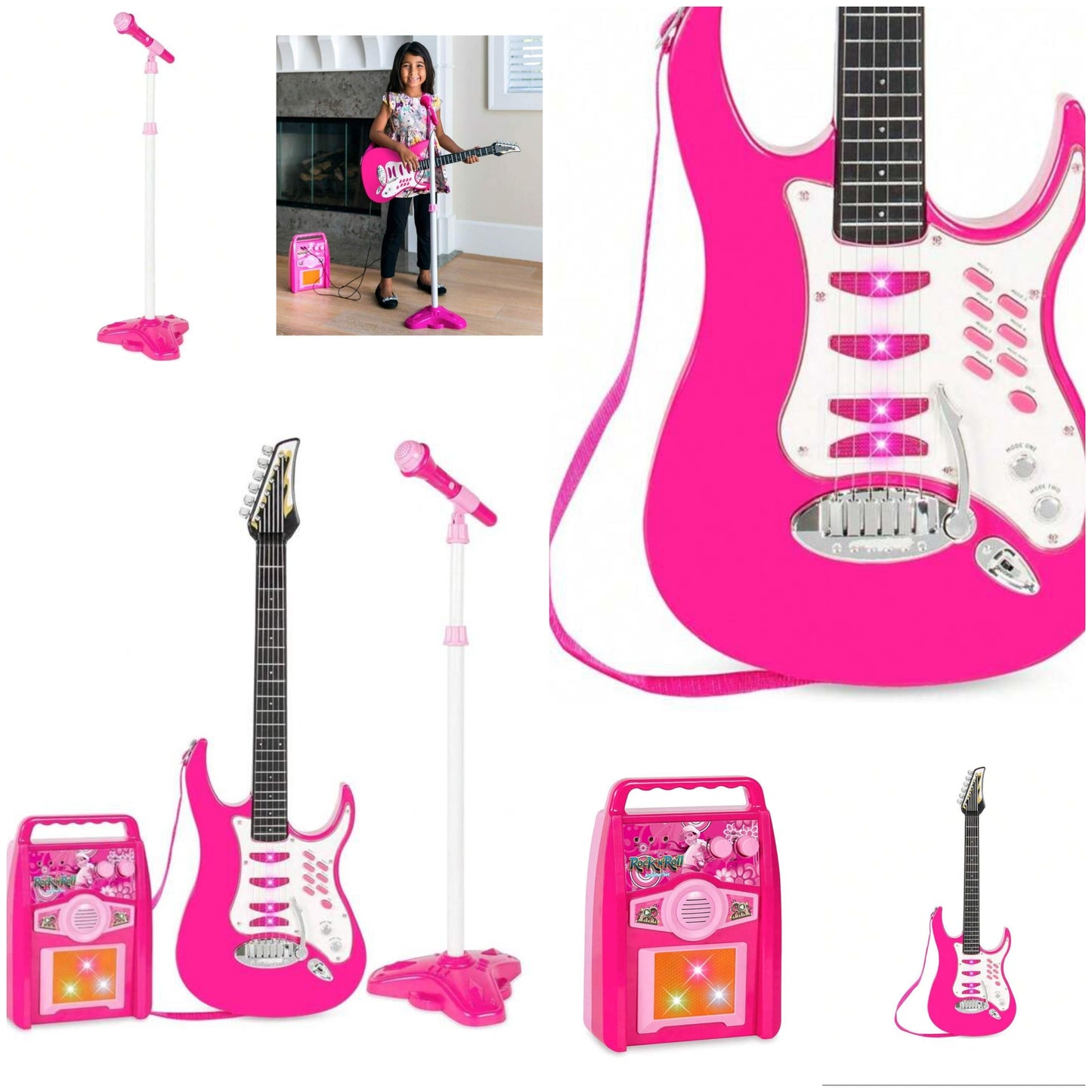 Electric Musical Guitar Play Set, Toy Guitar Starter Kit Bundle W/ 6 Demo Songs, Whammy Bar, Microphone, Amp, AUX, 2 Sticker Sheets - Pink