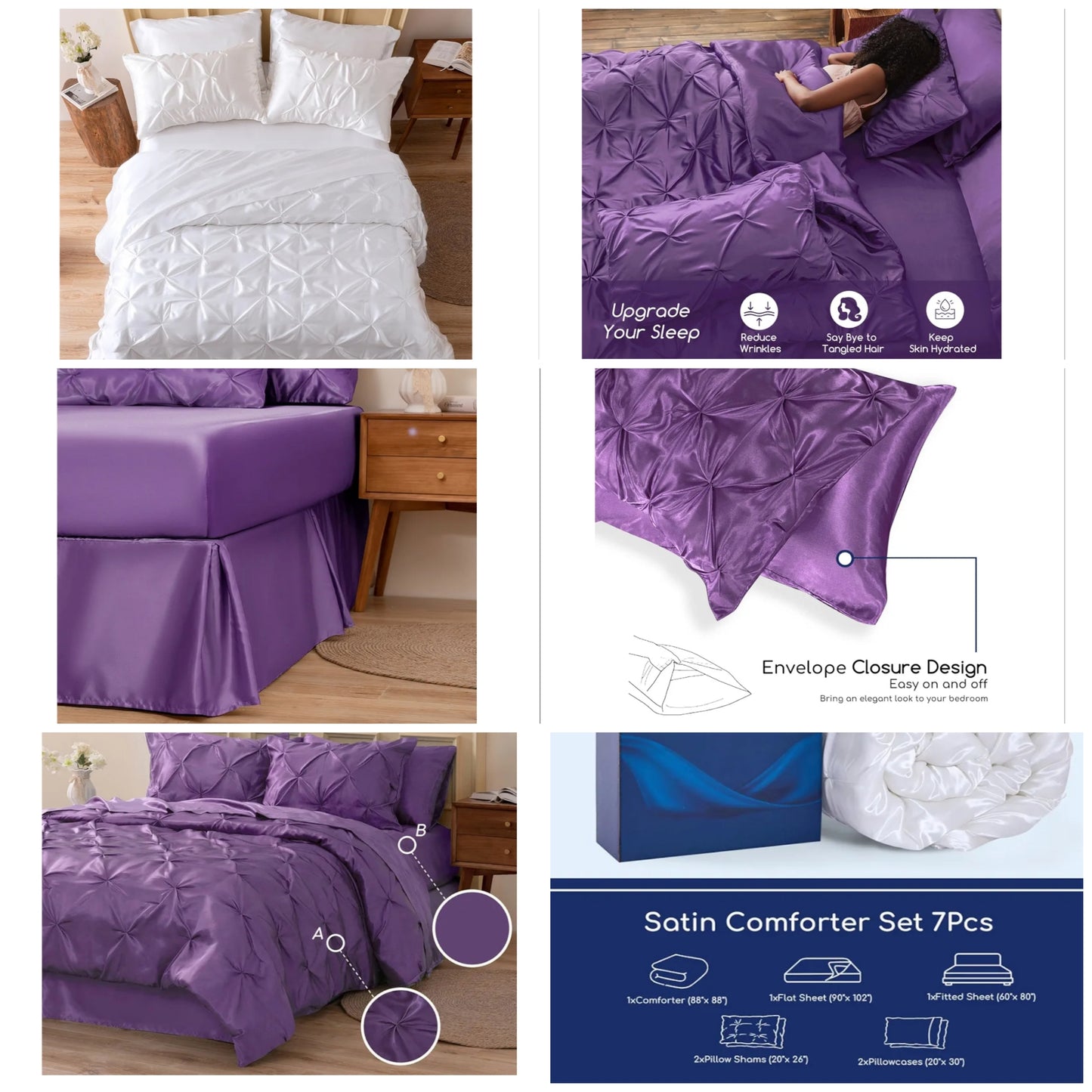 Satin Comforter 7 Pieces - Luxurious Pinch Pleat Bedding Set with Comforter, Flat Sheet, Fitted Sheet, Pillowcases & Shams, Super Silky Soft Bed Set for All Season