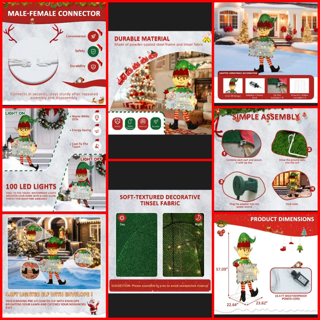 4.8ft Lighted Elf With Envelope Metal Outdoor Christmas Decoration