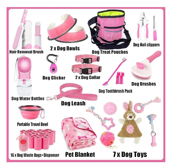 39-Piece Set of Puppy Essentials and Dog Stuff.Includes Dog Leash, Toys, Bowl, Brushes,and More.Perfect Welcome Home Present for Your New Puppies