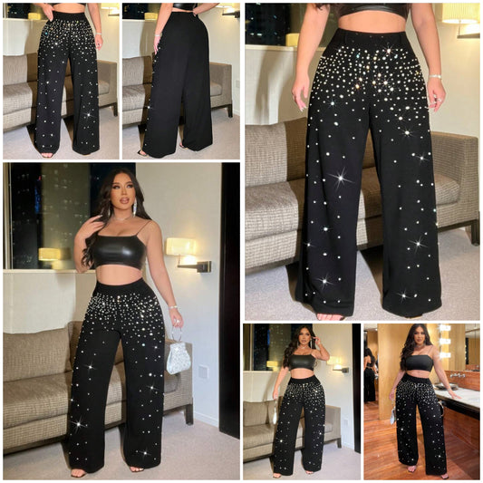 Plus Size Diamond & Pearl Embellished Gradient Knit Pants COCOMONEY