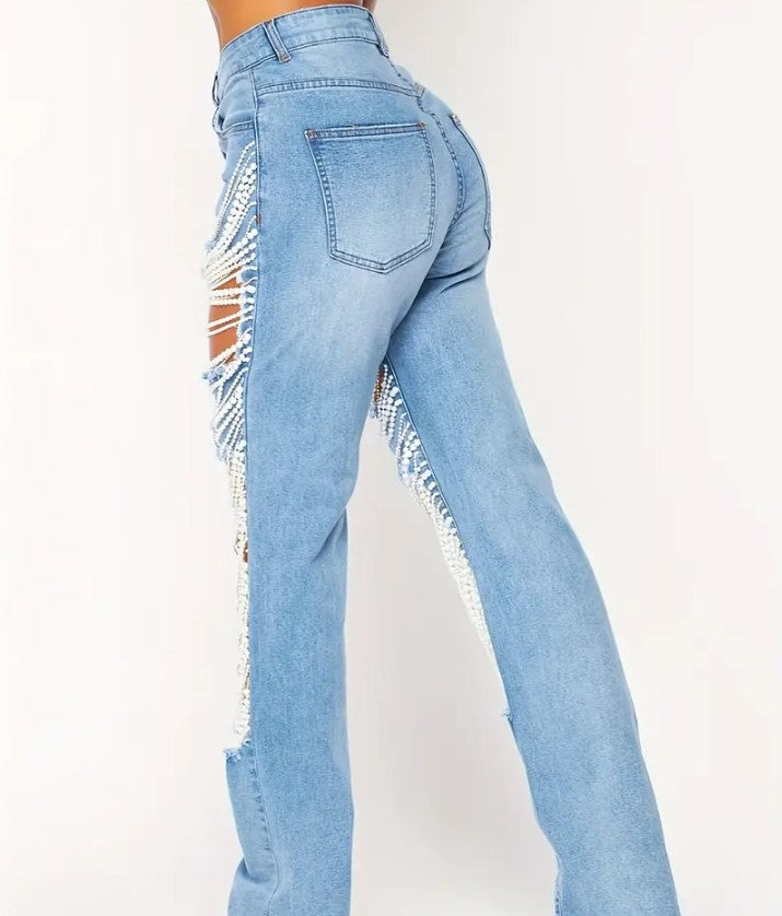 COCOMONEY PEARL CHAIN JEANS DENIM