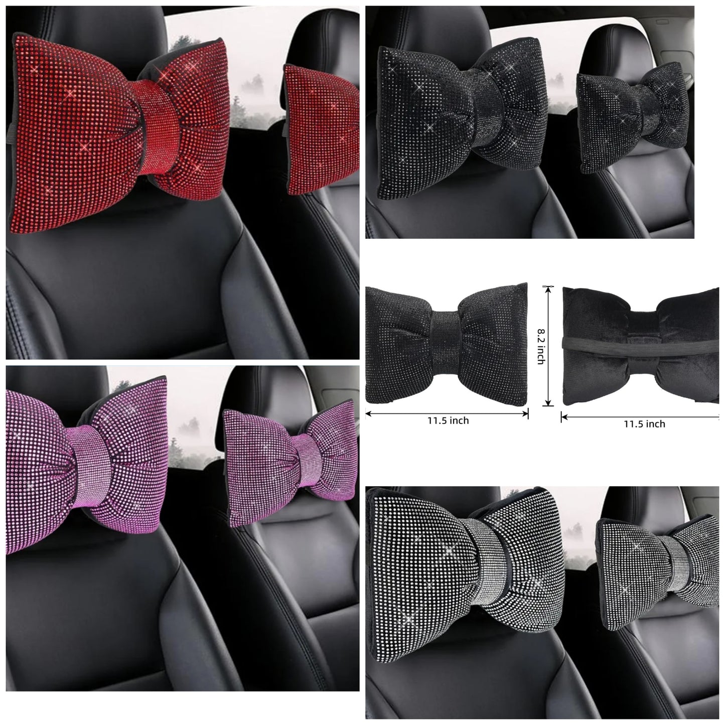 2 PCS Bling Car Pillows,Rhinestones Bowknot Car Headrest Pillow,Car Neck Pillow for Driver Relax Necksupport,Sleeping Travel Support Neck Pillow,Shiny Diamond Interior Accessories