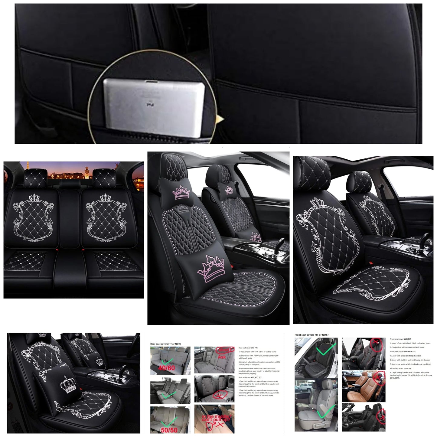 Crown Full Set Universal Fit 5 Seats Car Surrounded Waterproof Leather Car Seat Covers Protector Adjustable Removable Auto Seat Cushions with 2 Waist Pillows 2 Headrest Pillows