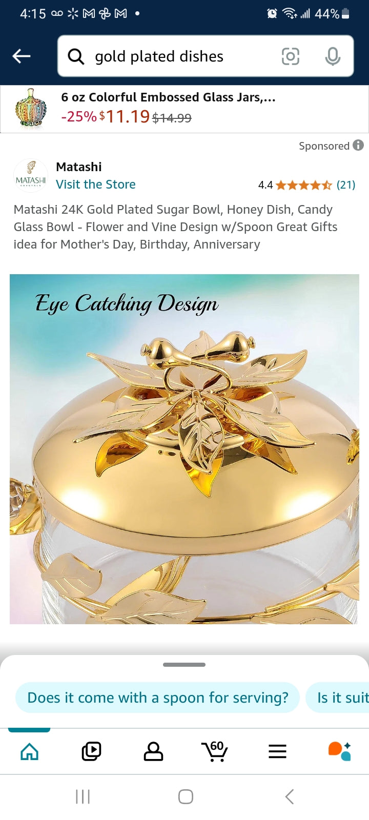 24K Gold Plated Sugar Bowl, Honey Dish, Candy Glass Bowl - Flower and Vine Design w/Spoon Great Gifts idea for Mother's Day, Birthday, Anniversary