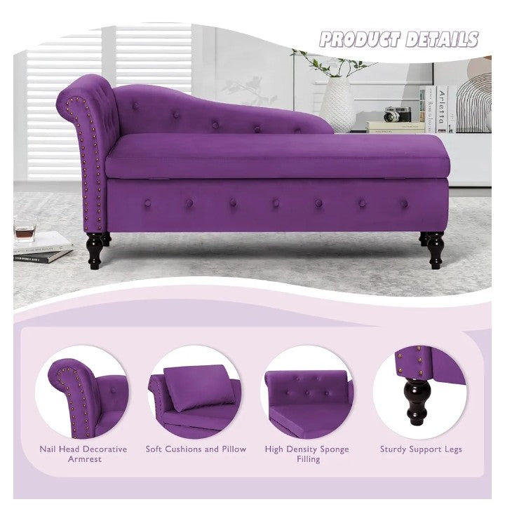 Upholstered Velvet Chaise Lounge with Left Armrest & Storage Space,Button Tufted Lounge Chair w/Lumbar Pillow,Modern Lounge Chair for Bedroom, Living Room and Office