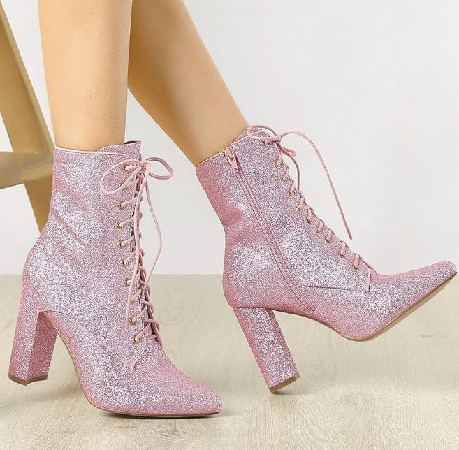 Women's Glitter Pointed Toe Block Heel Halloween Ankle Boots