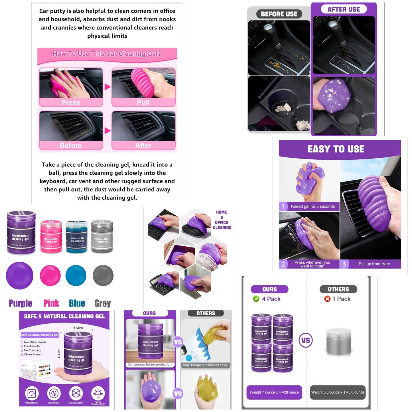 4 Pack Car Cleaning Gel, Pink Car Cleaning Putty, Universal Auto Detailing Tools Car Slime for Air Vent, Dashboard and Keyboard, Auto Accessories