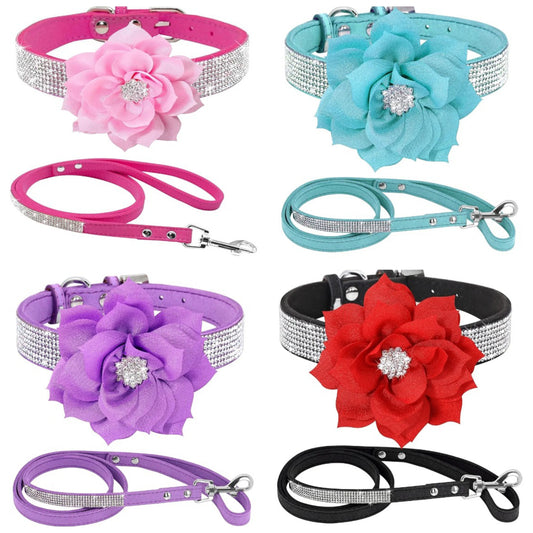 Rhinestone Bling Leather Dog Collar and Leash Set, Cute Dazzling Sparkling Soft Velvet Dog Cat Collar Crystal
