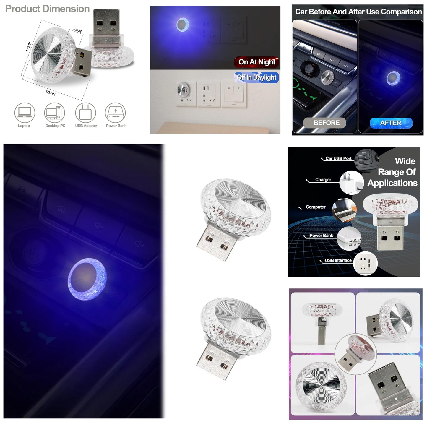 Crystal Mini USB LED Car Interior Atmosphere Lamp, Trunk Ambient Light, Decoration Night Light for all Car Interiors, 2 Pack color changing