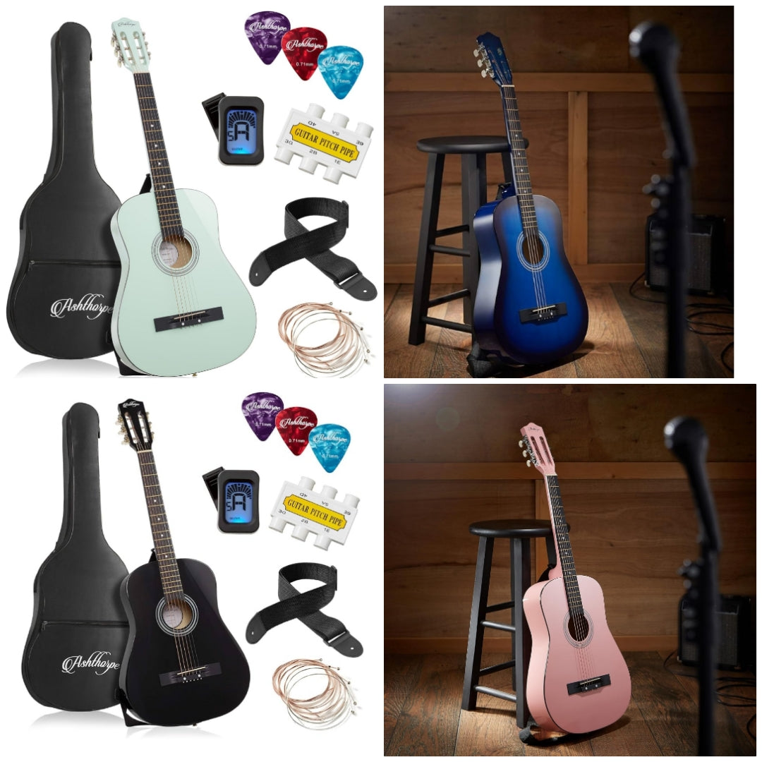 38-inch Beginner Acoustic Guitar Package (Pink), Basic Starter Kit w/Gig Bag, Strings, Strap, Tuner, Picks