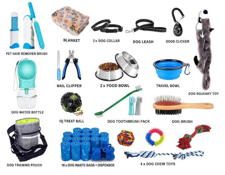 39-Piece Set of Puppy Essentials and Dog Stuff.Includes Dog Leash, Toys, Bowl, Brushes,and More.Perfect Welcome Home Present for Your New Puppies