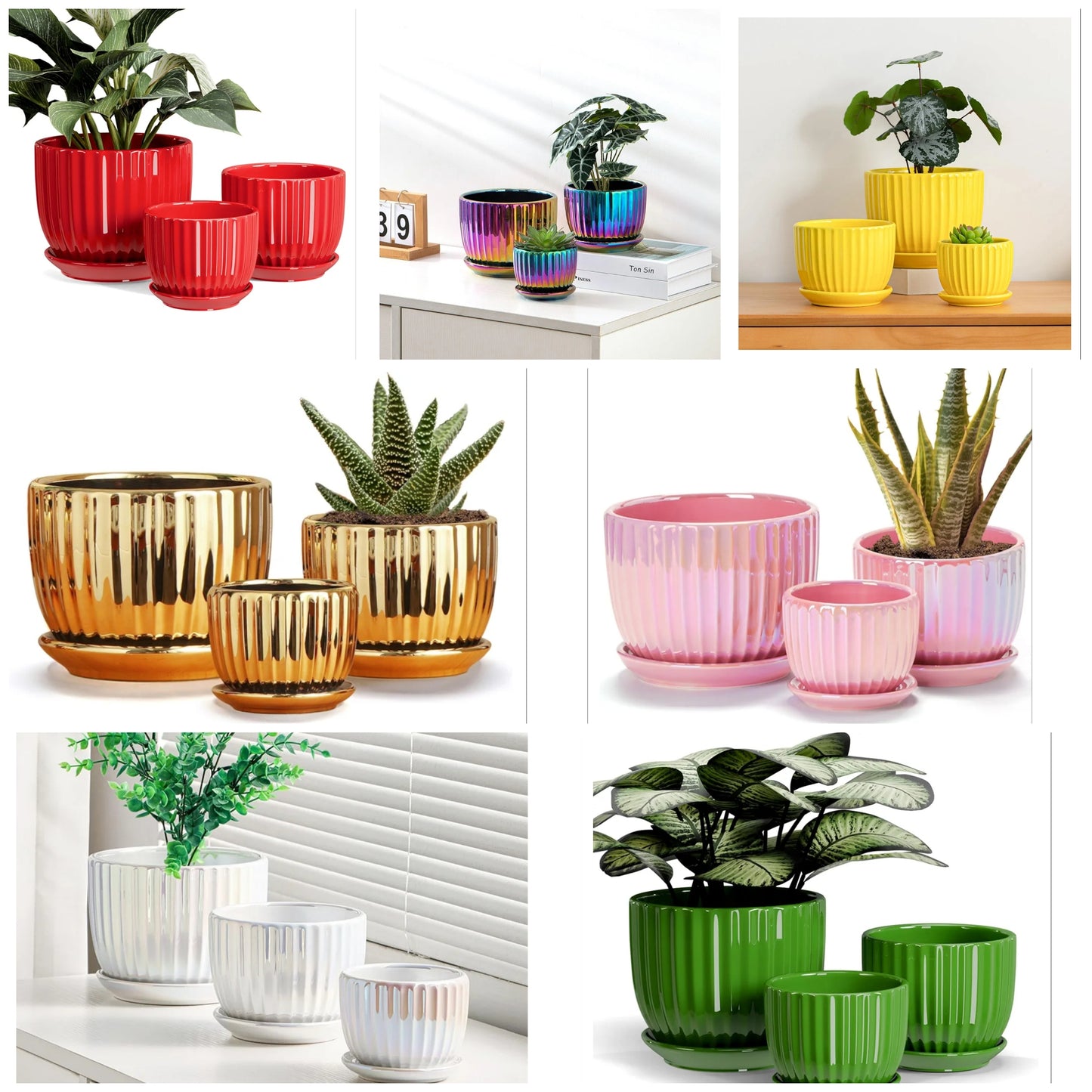 3 Ceramic Flower Pots,Yellow Plant Pots for Indoor Plants,4.1+5.1+6.5 inch Ceramic Plant Pots with Tray,Medium Indoor Planters for Aloe Cactus Decorative Pots with Drainage Hole (Set of 3)