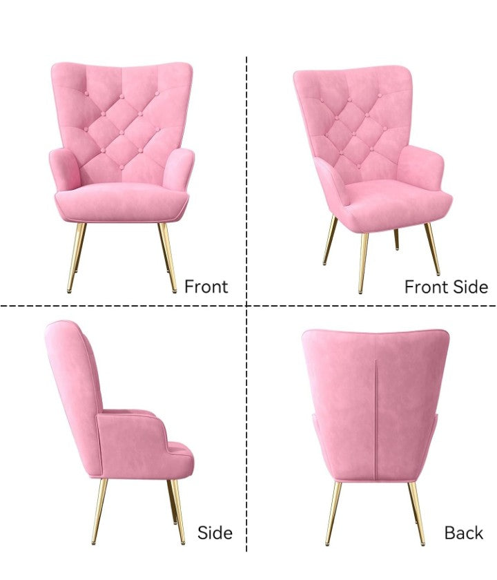 Mid Century Modern Accent Chair, Velvet Upholstered Armchair with Metal Legs, Tufted Button Wingback Side Chair, High Back Reading Chair for Living Room Bedroom