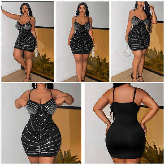 Plus Size Women Elegant Party Bling Rhinestone Embellished Bodycon Black Dress COCOMONEY