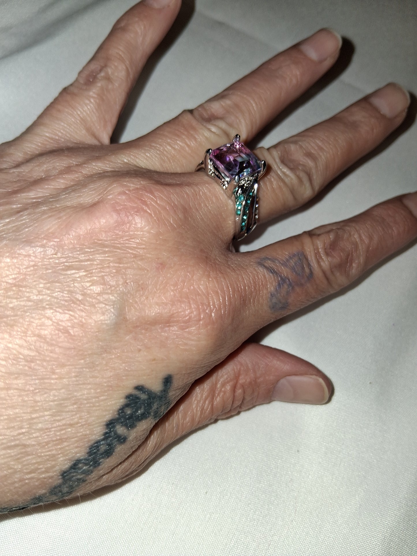 Costume silver plated pink blue ring size 10