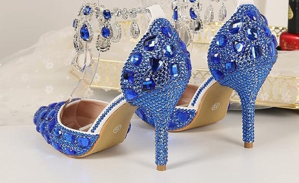 Womens Rhinestone Wedding Shoes Party Pumps with Ankle Chains