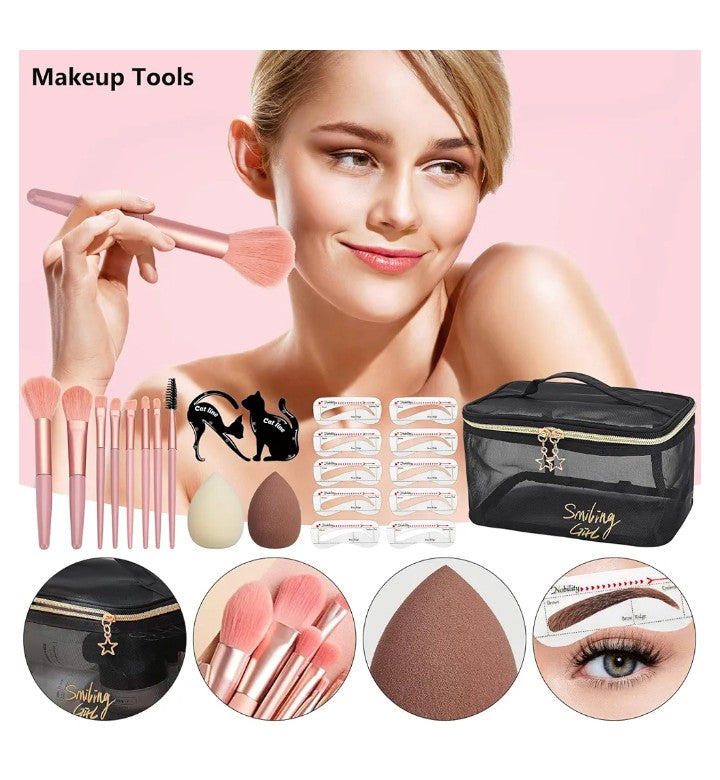 All in One Makeup Kit Full Kit, Make Up Gift Set Makeup Essential Bundle Includes Foundation Face Primer Eyeshadow Contour Palette Lipstick Eyeliner Mascara Cosmetic Brush Set