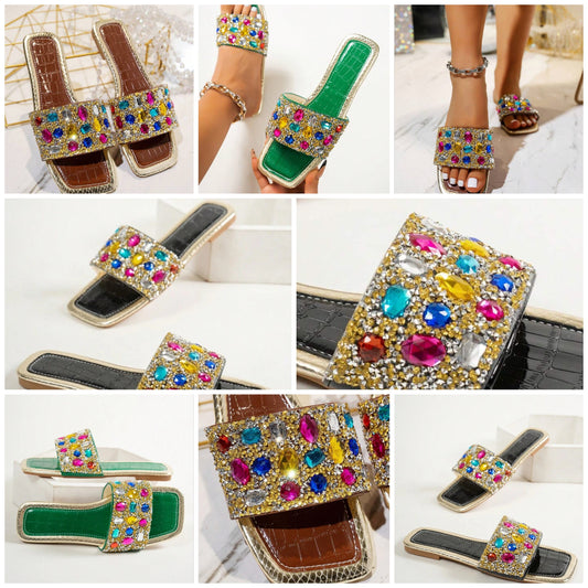 Rhinestone Decorated Flat Sandals, Comfortable Casual Open Toe Slippers Suitable For Outdoor, Beach, Party In Summer