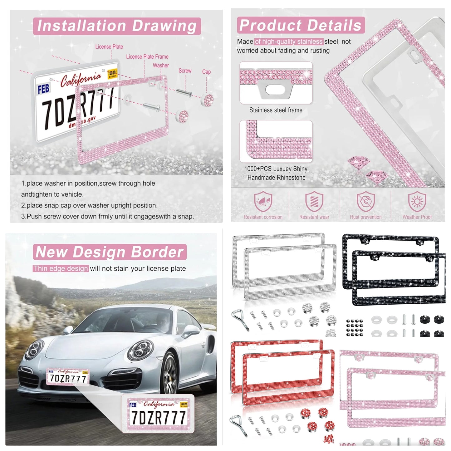 Bling License Plate Frame for Women, 2Pack Rhinestone Handcrafted Crystal Premium Stainless Steel, Stainless Steel Car Accessories with Diamond Sparkle Glitter Caps (