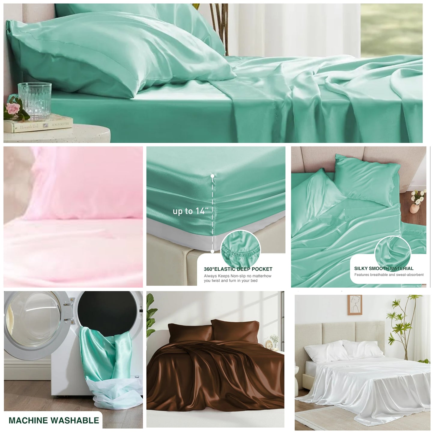 4 Piece Pink Silky Satin Sheets Set with Deep Pocket, Luxury Satin Sheet Set (1 Flat Sheet,1 Fitted Sheet,2 Pillow Cases)