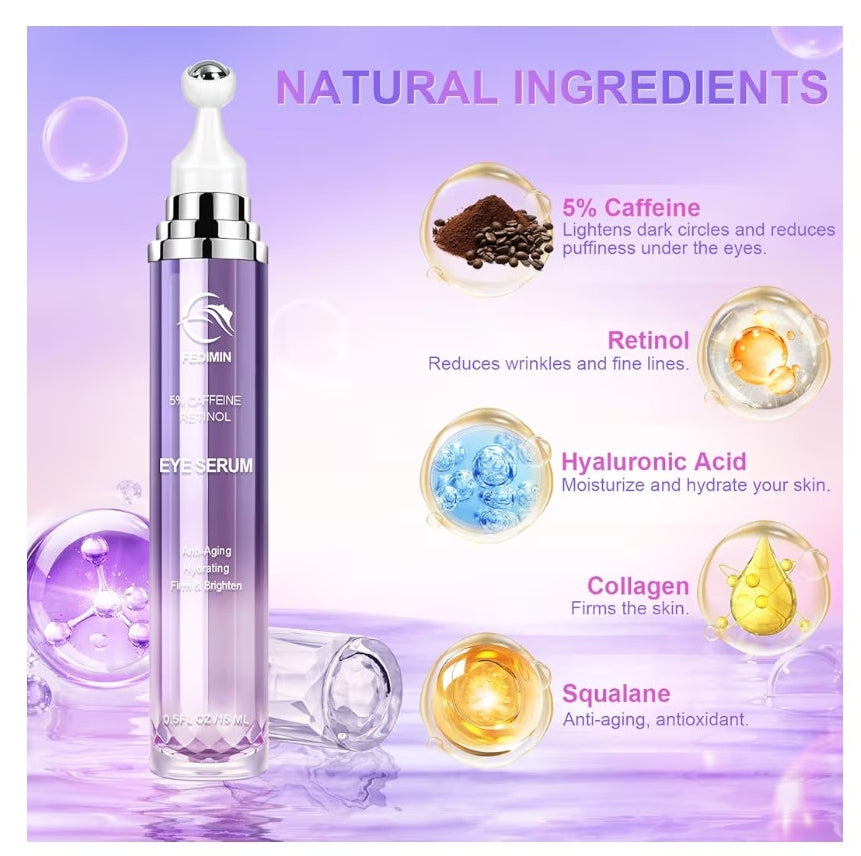 5% Caffeine Eye Cream for Dark Circles Under Treatment Eye Serum for Wrinkles Fine Lines, Retinol Under Cream for Puffiness and Bags with 360° Massage Roller-Ball