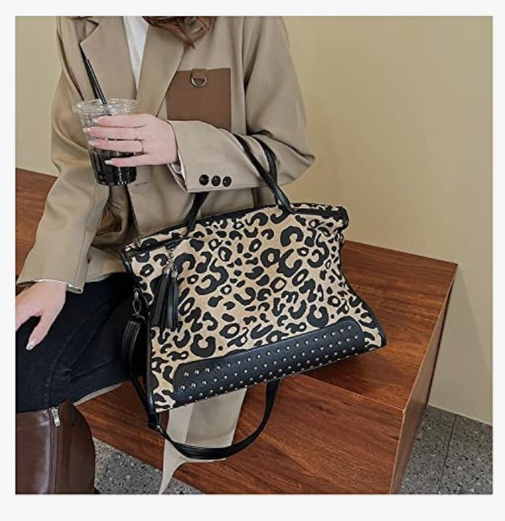 Oversized Leopard Purse,Women Studded Tote Handbags Animal Printing Punk Large Shoulder Bags Hobo Tassel Rocker Rivet
