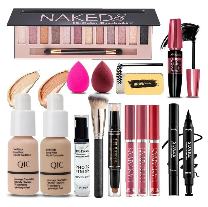 All in One Makeup Kit for Women Full Kit, 12 Colors Eyeshadow, Foundation & Primer, Lipsticks, Eyeliner, Mascara, Contour Stick, Brow Soap, Makeup Brush & Sponge, Make Up Gift Set for Women, Teens