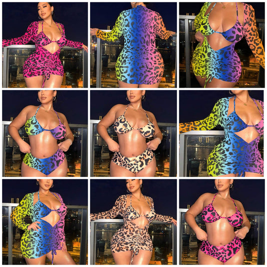 3pcs/Set Plus Size Summer Beach Leopard Print Bikini Set COCOMONEY