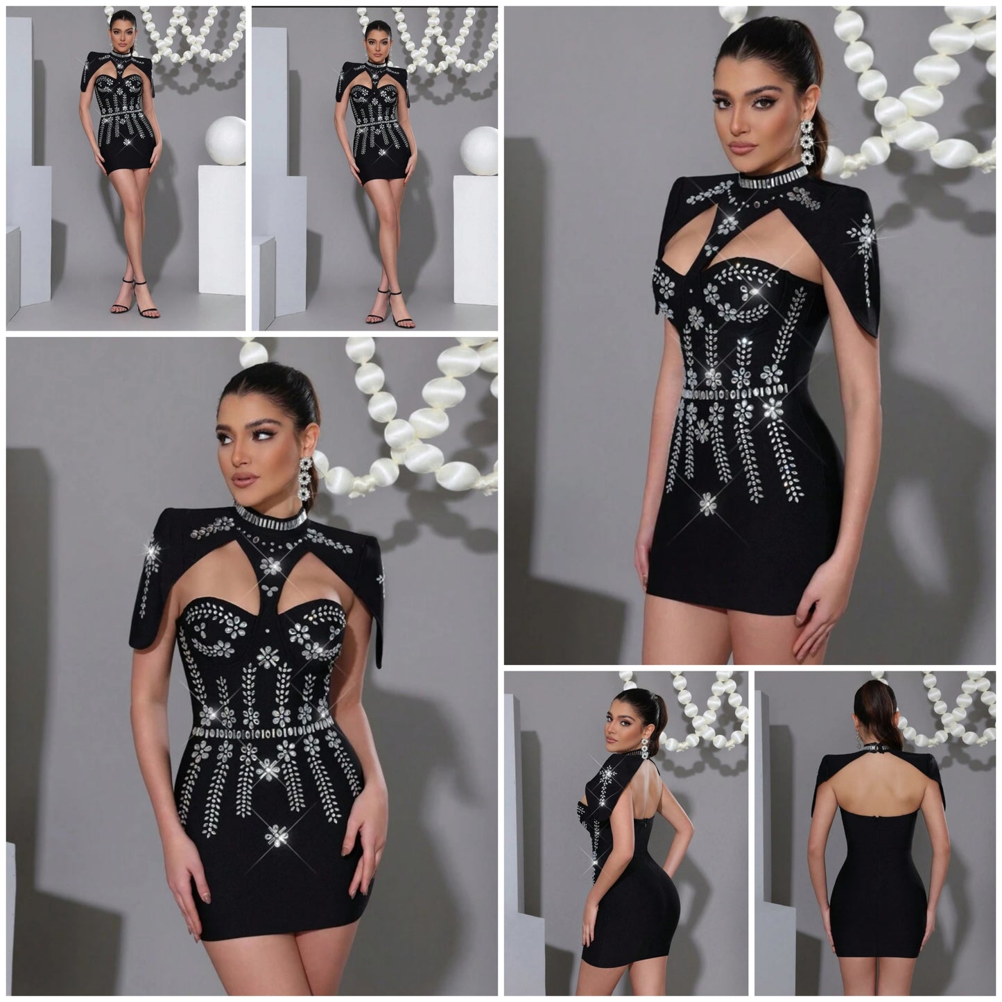 1pc Rhinestone Decor Bubble Sleeveless Mesh Patchwork Sexy Mini Dress COCOMONEY