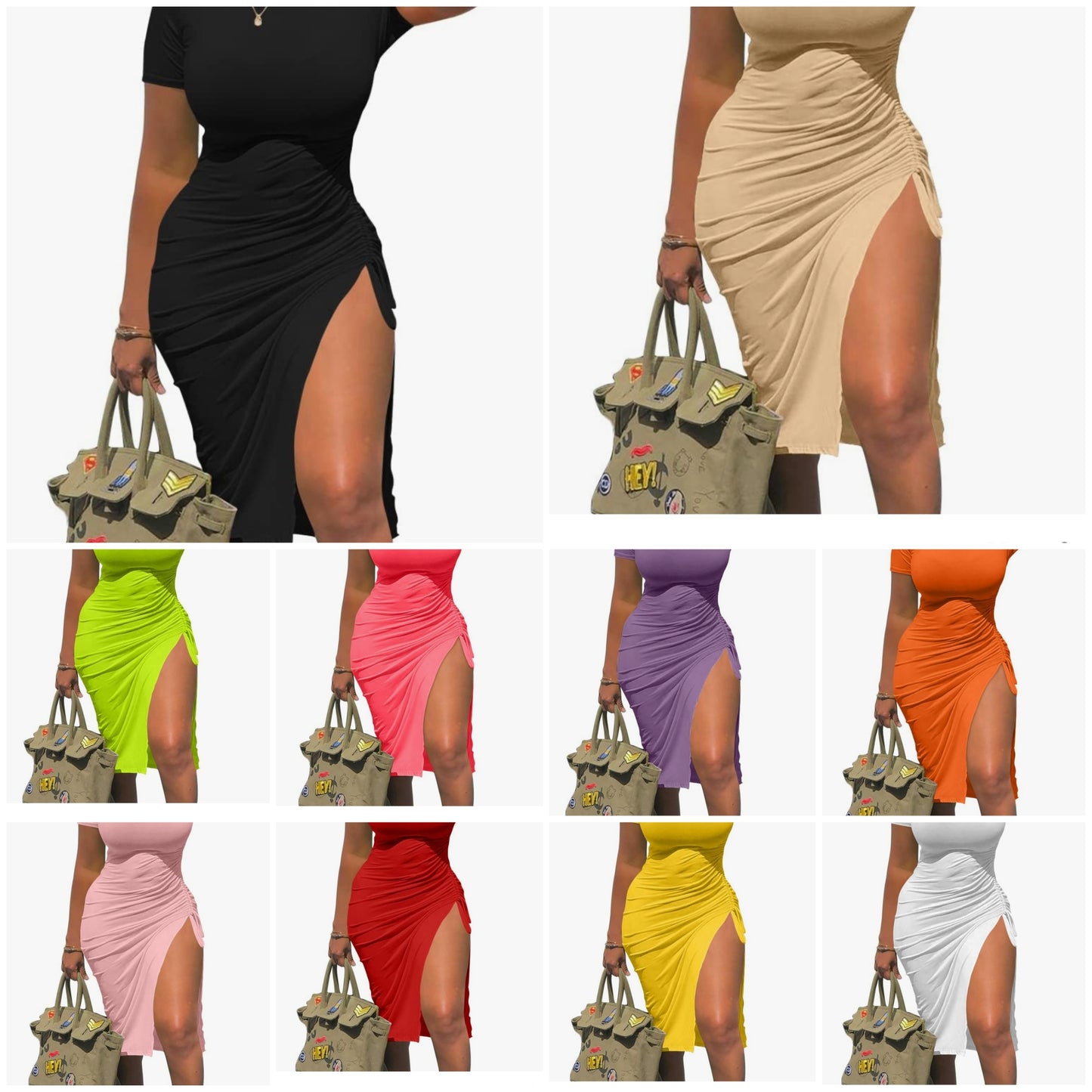 Women's Sexy Bodycon Short Sleeve Slit Ruched Summer Club Party Midi Dress