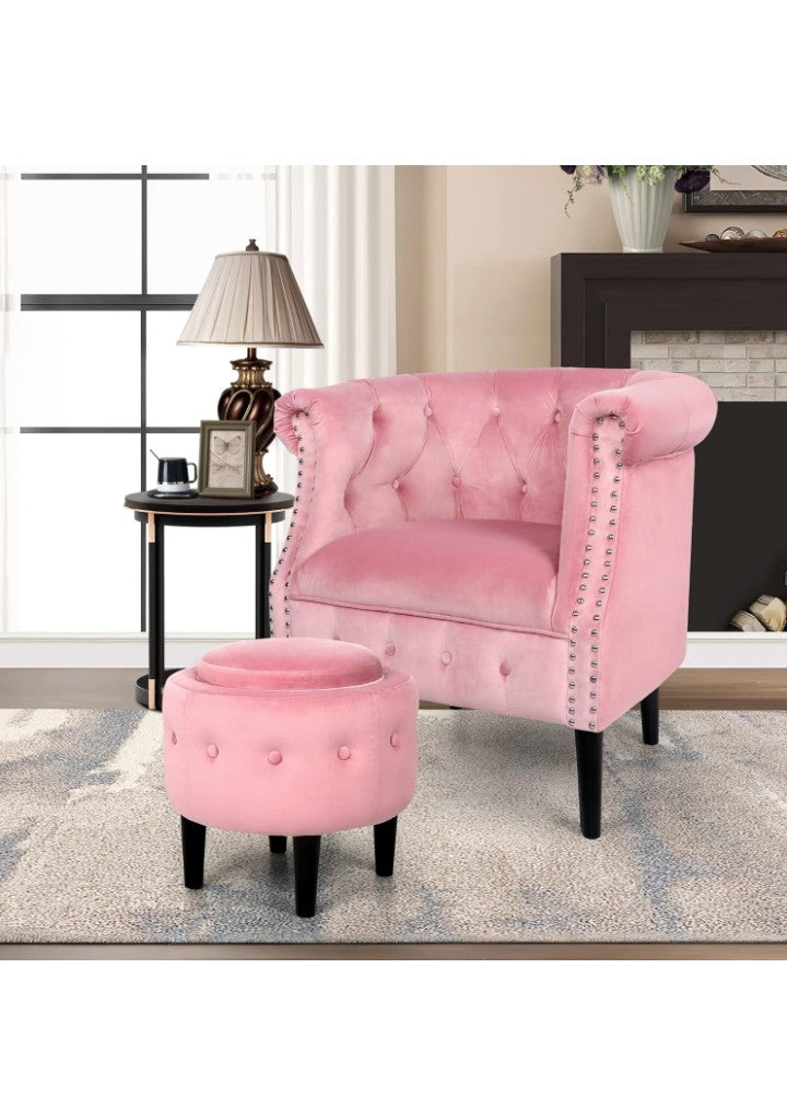 Mid-Century Accent Chair with Storage Ottoman, Modern Velvet Armchair Button Tufted Rivet Barrel Chair, Comfy Single Sofa Chair Ottoman Set for Living Room Bedroom Reading Room